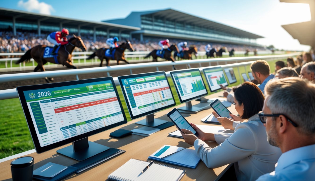 Beberapa orang sedang menganalisis data balap kuda di dekat arena balapan dengan kuda-kuda yang sedang berlari di lintasan.