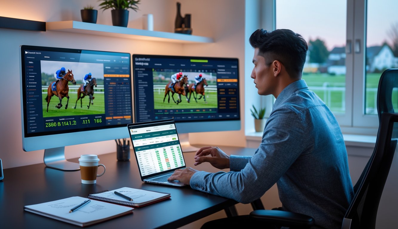 Seorang dewasa muda duduk di meja dengan beberapa layar komputer menampilkan grafik balap kuda dan antarmuka taruhan, menggunakan laptop dan ponsel di ruang kerja modern.