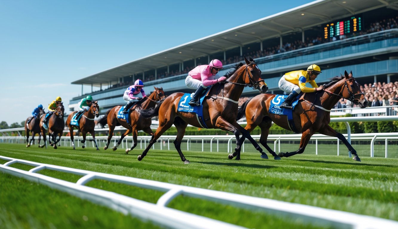 Beberapa kuda pacuan sedang berlari cepat di lintasan pacu dengan jokinya yang mengenakan pakaian balap berwarna-warni, di depan tribun penonton yang ramai.