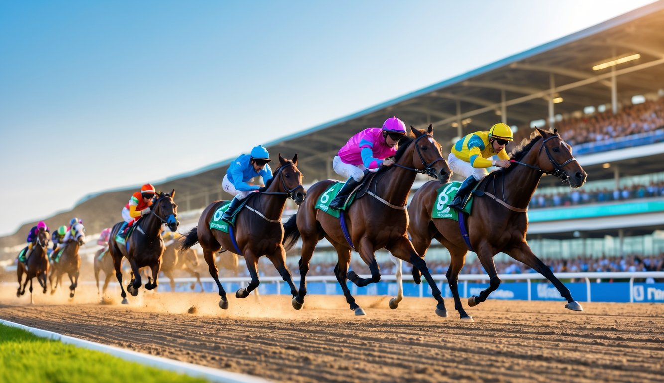 Seekor kuda balap berlari kencang di lintasan dengan joki mengenakan pakaian warna-warni, di latar belakang tribun penuh penonton.