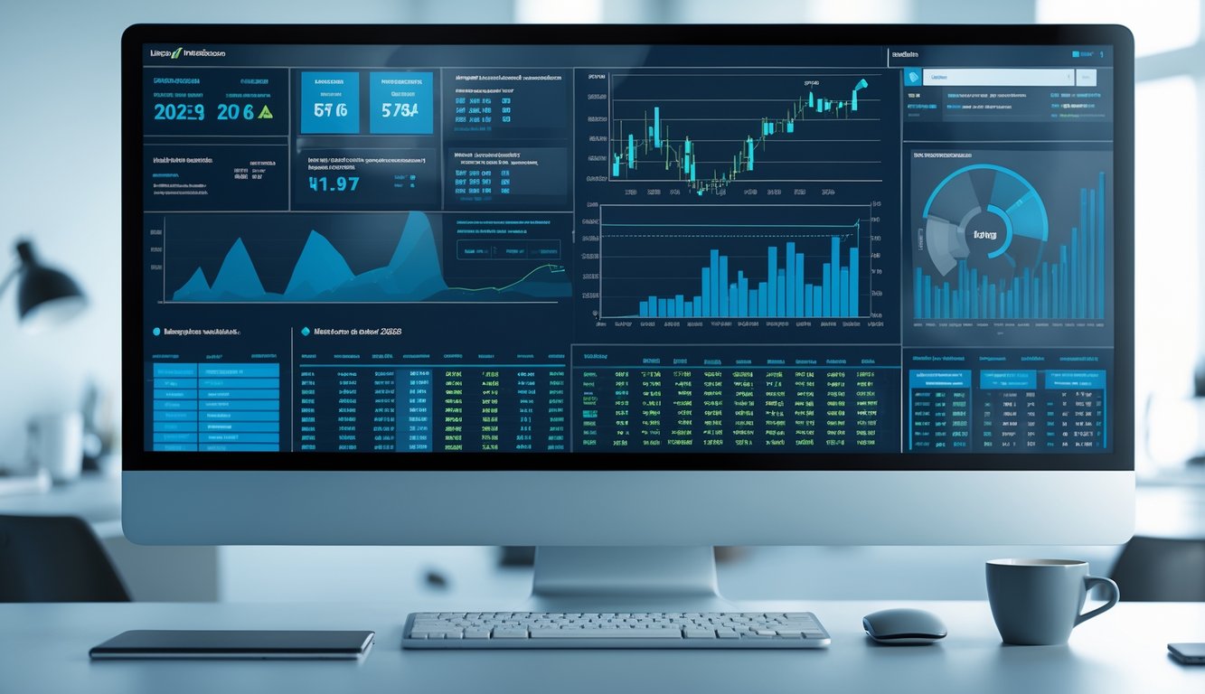 Sebuah meja kerja modern dengan komputer yang menampilkan grafik dan data prediksi angka, diiringi dengan suasana yang rapi dan pencahayaan alami.