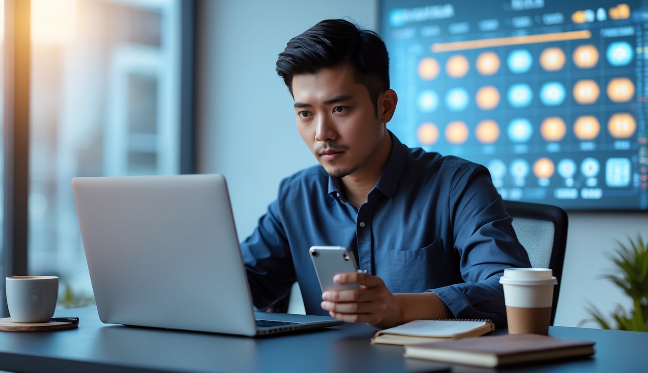 Seorang pria muda duduk di meja dengan laptop dan ponsel, terlihat fokus dan serius, di ruangan dengan pencahayaan alami.