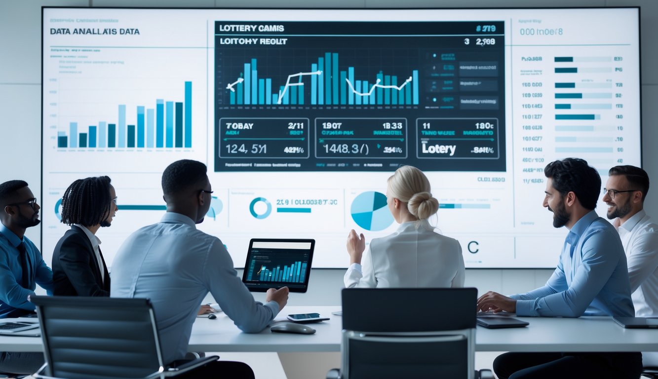 Sekelompok profesional sedang bekerja bersama di kantor modern dengan layar digital menampilkan grafik dan data hasil terbaru.
