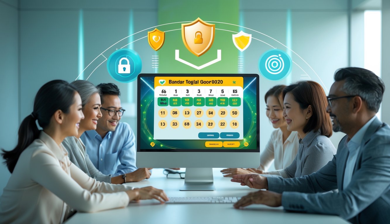 Orang-orang menggunakan komputer dengan tampilan antarmuka lotre digital yang aman dan modern di ruangan yang terang.