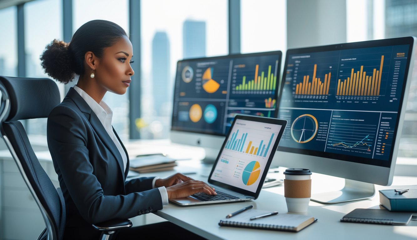 Seorang wanita profesional duduk di meja kantor modern sambil menganalisis data di layar komputer dengan alat digital.