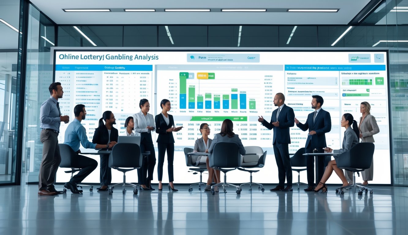 Sekelompok profesional sedang berdiskusi di kantor modern dengan layar digital menampilkan grafik dan angka terkait hasil lotere.