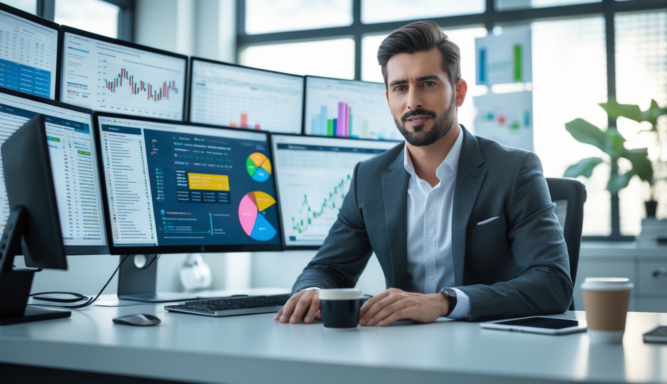 Seorang profesional bisnis sedang bekerja di depan komputer dengan grafik dan angka di layar di ruang kantor yang terang.