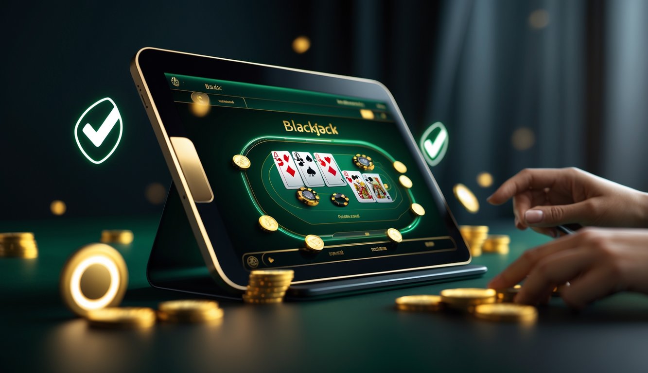 Layar komputer menampilkan permainan blackjack online dengan kartu dan chip di lingkungan modern dan elegan.