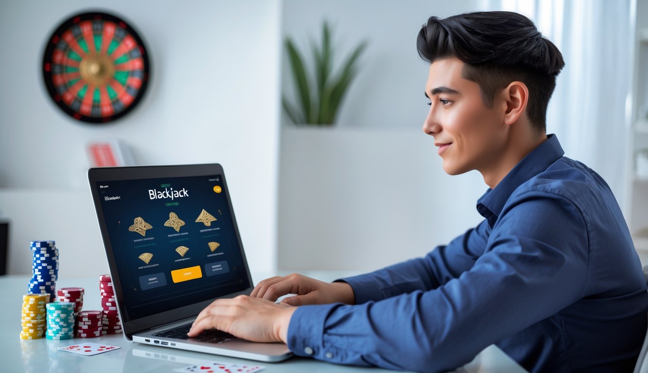 Seorang dewasa muda duduk di meja dengan laptop terbuka, fokus bermain blackjack online di ruangan terang dengan dekorasi bertema kasino.