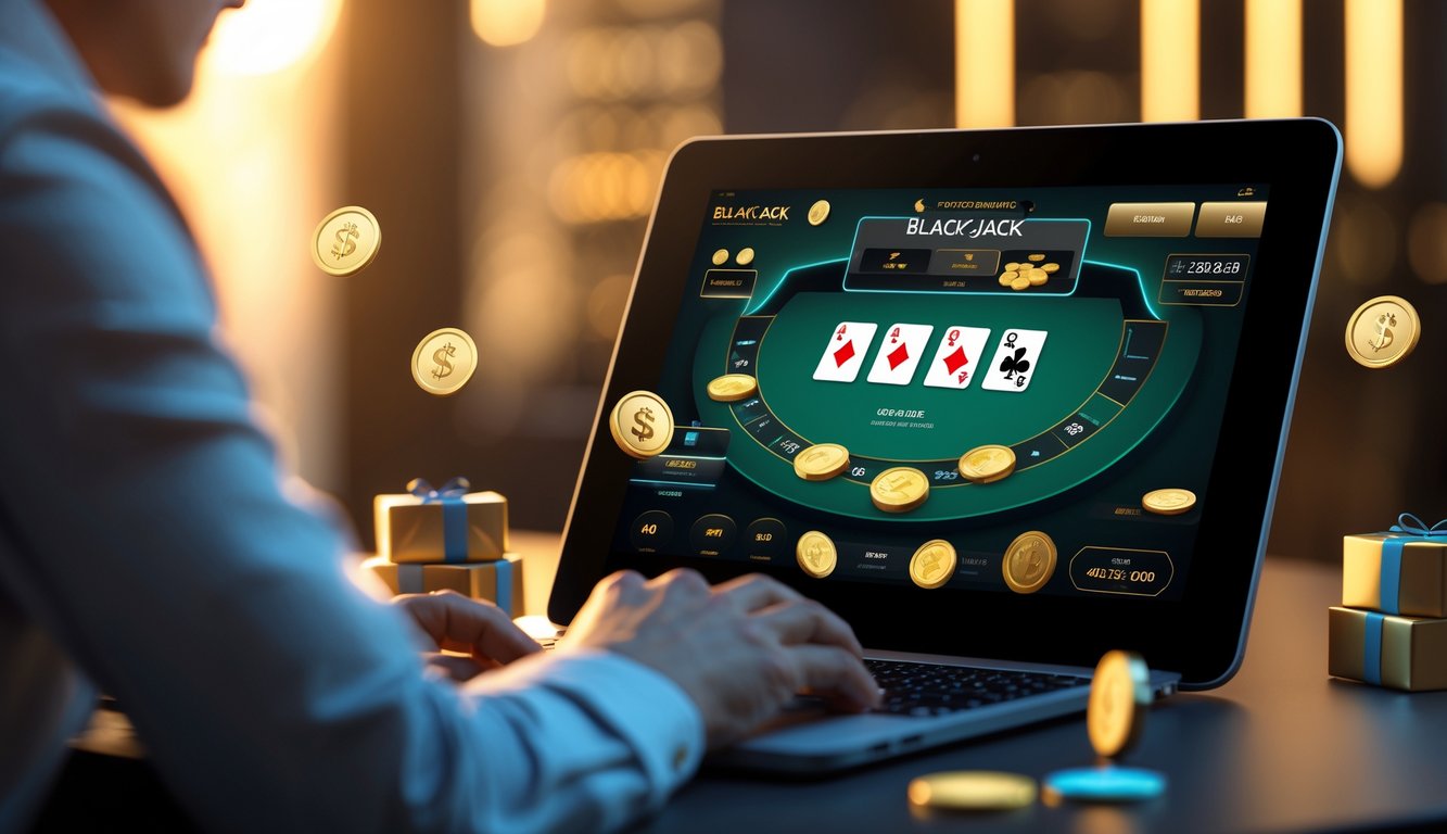 Seseorang menggunakan perangkat digital yang menampilkan permainan blackjack online dengan chip dan kartu di layar, dikelilingi oleh ikon hadiah dan koin.