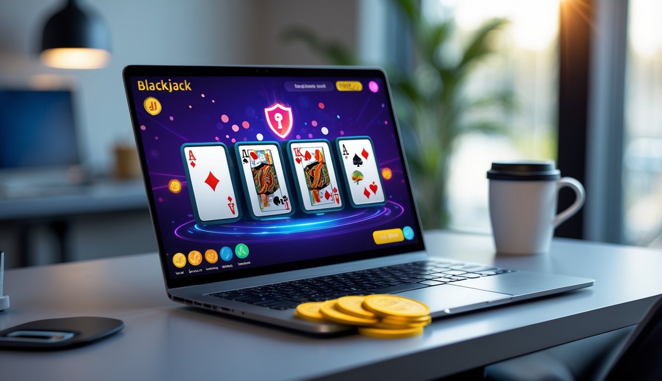 Seorang pengguna sedang bermain blackjack online di laptop di meja kerja yang rapi dengan pencahayaan hangat.