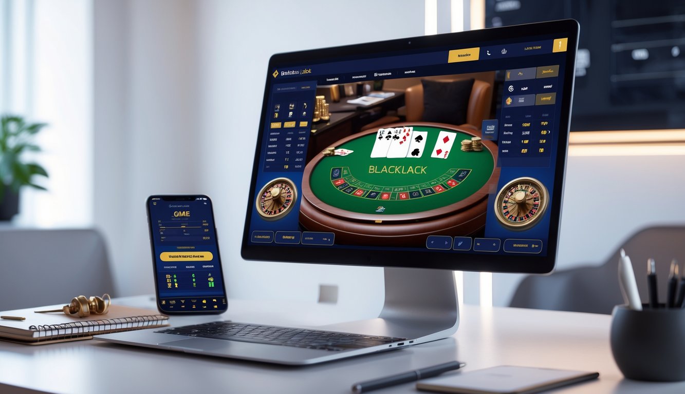 Seorang pemain sedang fokus bermain blackjack online di depan komputer dengan kartu dan chip di layar, di meja terdapat catatan dan ponsel.