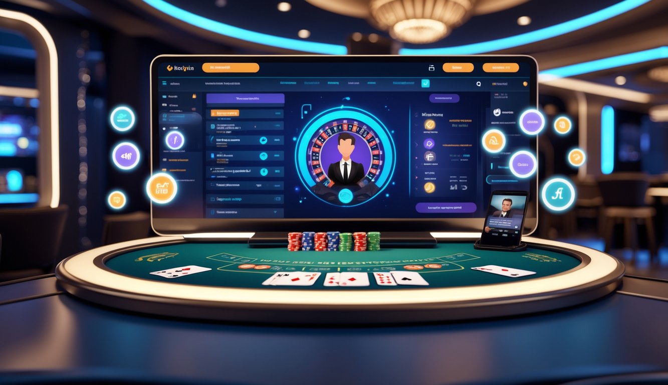Adegan meja blackjack online dengan kartu, chip, dan antarmuka digital di lingkungan kasino futuristik.
