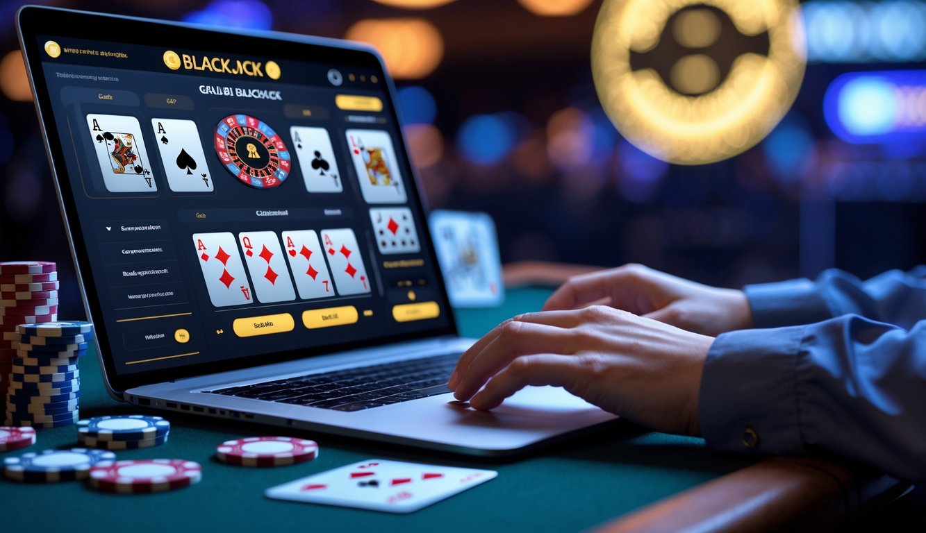 Seorang pemain menggunakan laptop untuk bermain blackjack online dengan kartu dan chip terlihat di layar.