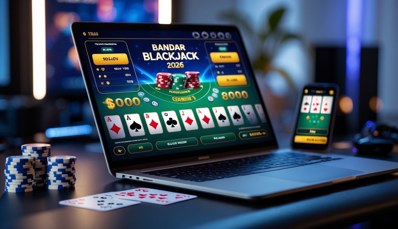 Seorang pemain sedang bermain blackjack online di laptop dengan kartu dan chip di meja, suasana ruangan terang dan nyaman.