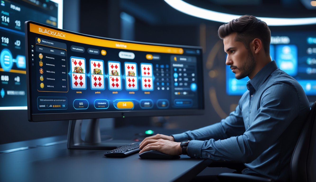 Seorang pemain profesional duduk di depan komputer dengan tampilan permainan blackjack online yang cerah dan modern.