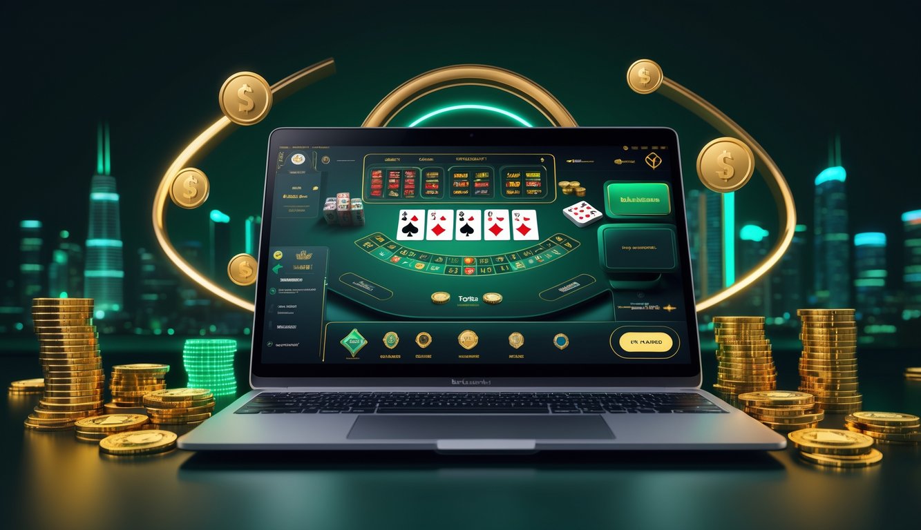 Sebuah meja blackjack online dengan komputer menampilkan permainan kartu blackjack dan tumpukan chip di sekitarnya.