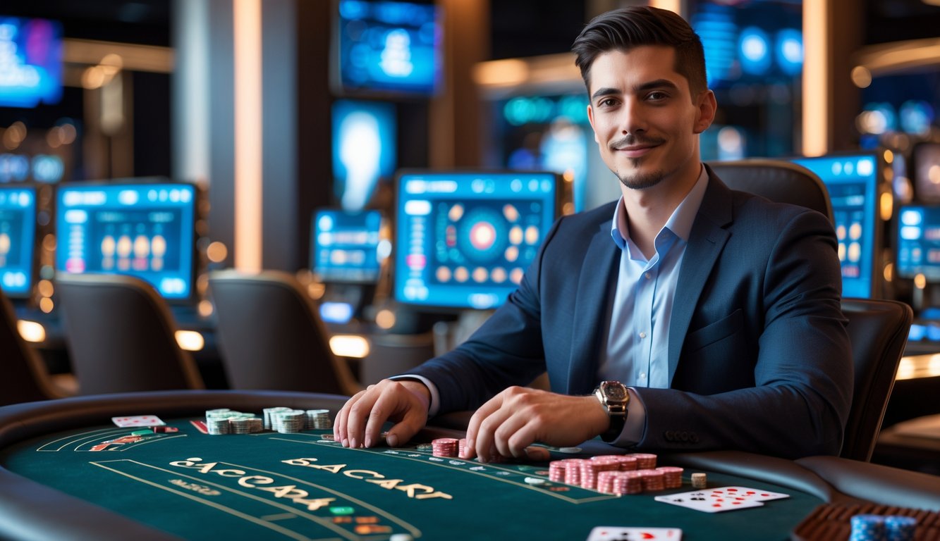 Seorang pria muda duduk di meja kasino dengan kartu dan chip baccarat, fokus pada layar komputer yang menampilkan permainan baccarat online.