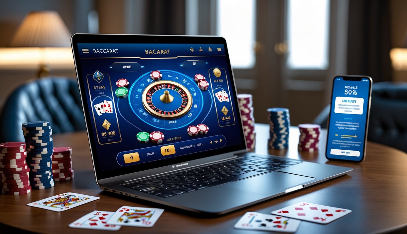 Sebuah laptop dengan permainan baccarat online, dikelilingi chip poker dan kartu remi di atas meja kayu dengan pencahayaan hangat.