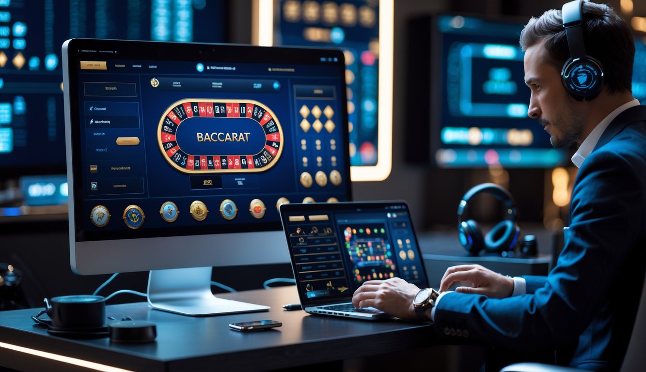 Seorang pemain fokus menggunakan komputer dan ponsel di meja dengan tampilan permainan baccarat online.