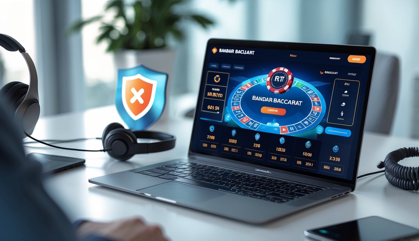 Seorang pengguna sedang bermain baccarat online di laptop dengan latar belakang yang menunjukkan simbol keamanan dan layanan pelanggan.