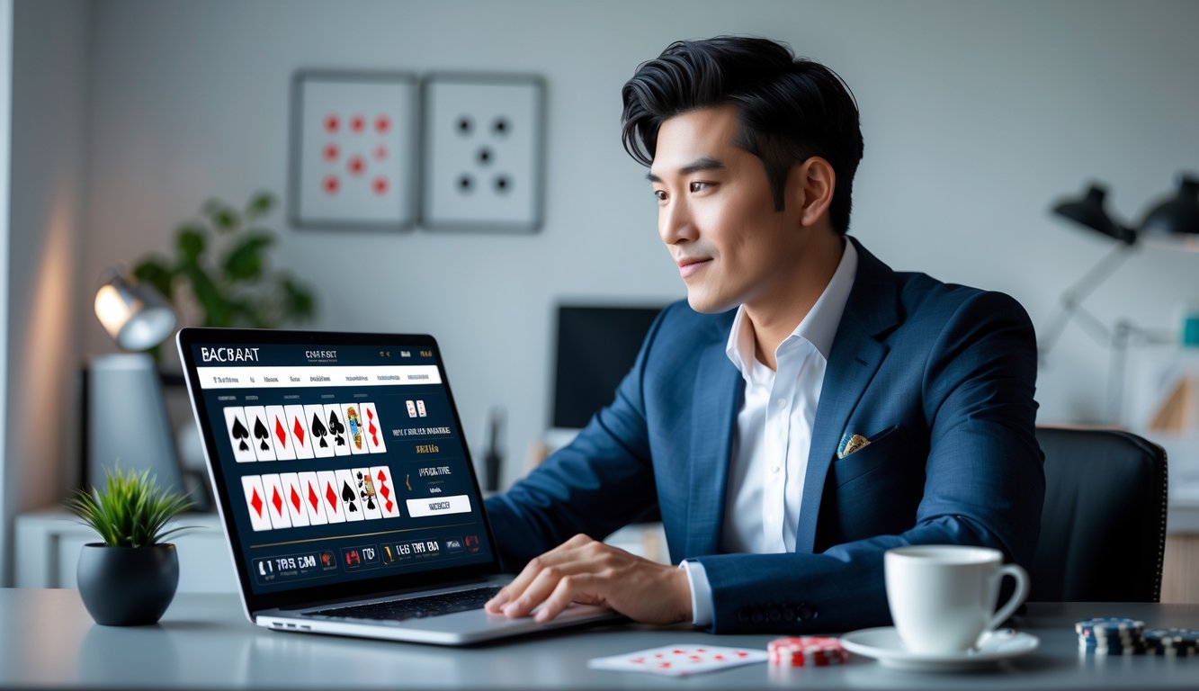 Seorang pria muda duduk di depan laptop di ruang kerja modern, fokus melihat layar permainan baccarat online dengan kartu dan chip di latar belakang.