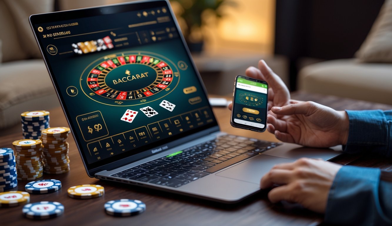 Seseorang menggunakan laptop dan ponsel untuk bermain baccarat online dengan kartu dan chip kasino di meja.