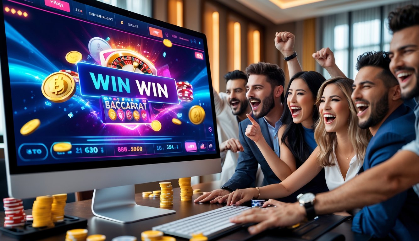 Sekelompok orang muda yang antusias bermain baccarat online di depan layar komputer dengan suasana meriah dan penuh kegembiraan.