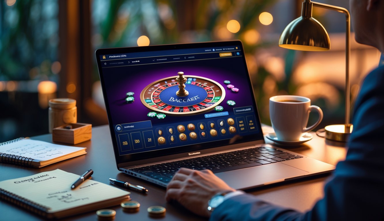 Seorang pria sedang bermain baccarat online di laptop dengan suasana kerja yang rapi dan nyaman.