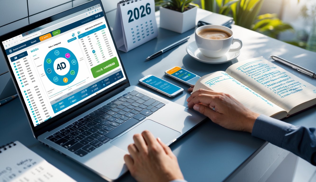 Meja kerja dengan laptop, ponsel, dan catatan yang menunjukkan aktivitas prediksi togel 4D online dan strategi menang.