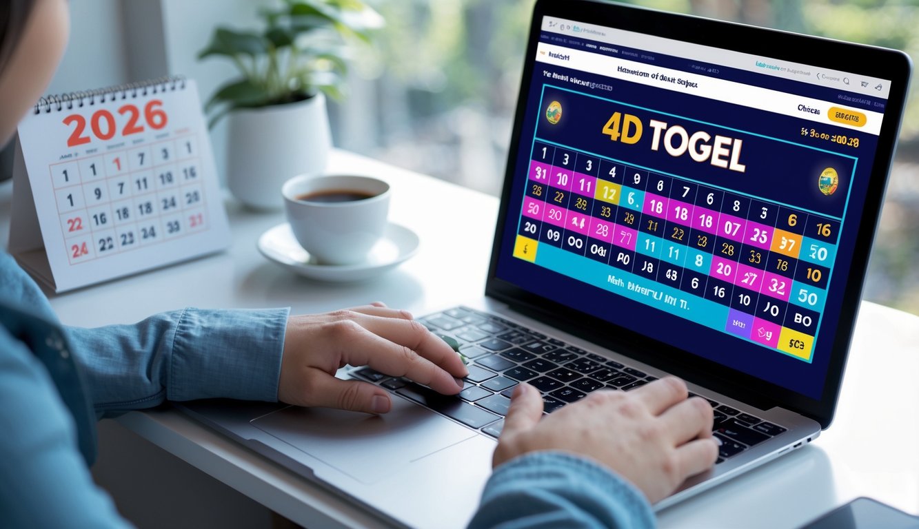 Seorang individu sedang menggunakan laptop di meja kerja dengan layar menampilkan angka dan grafik terkait pemilihan angka togel 4D online tahun 2026.