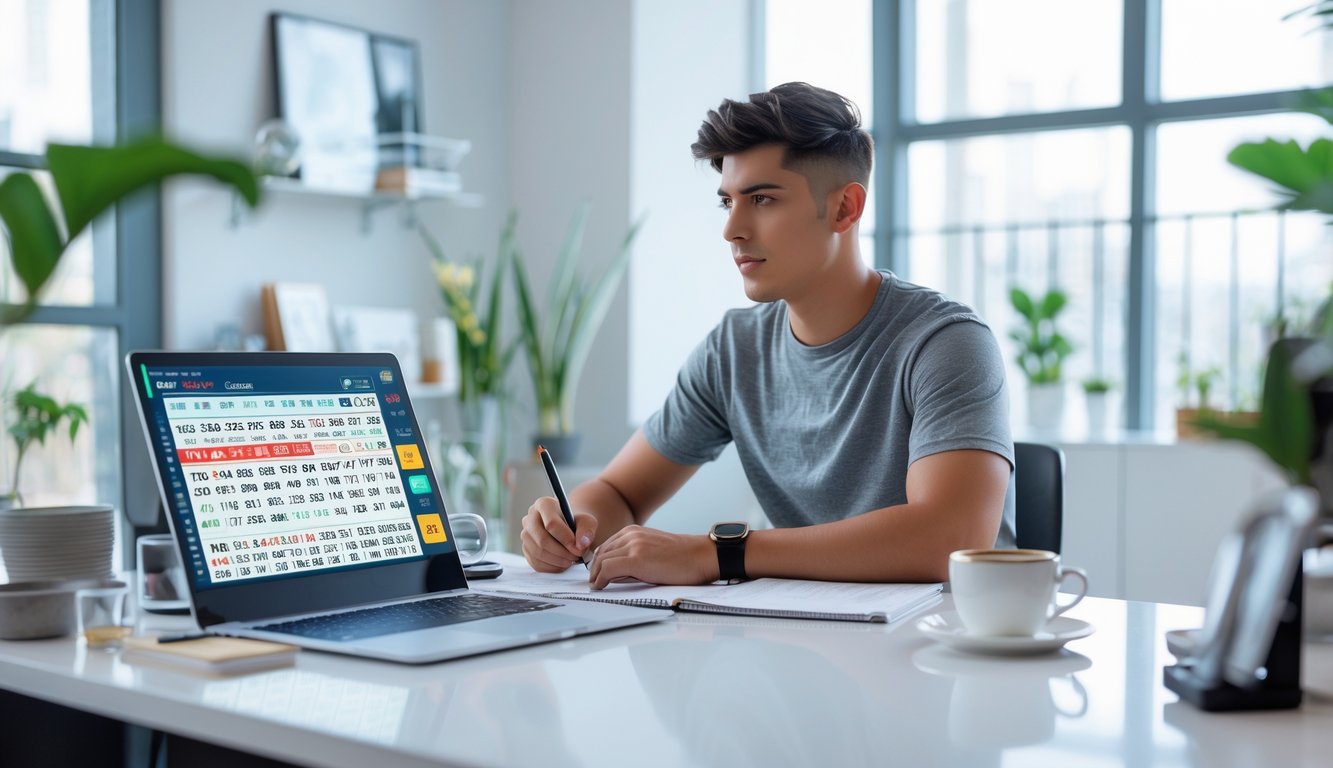 Seorang dewasa muda duduk di meja kerja dengan laptop dan ponsel yang menampilkan angka togel, sedang fokus mencatat di buku catatan di ruangan terang dengan tanaman dan dekorasi minimalis.