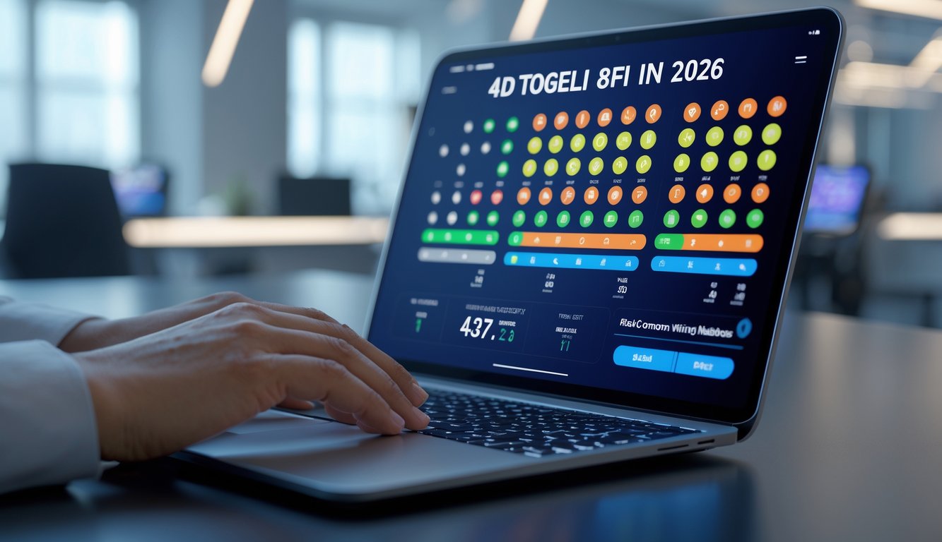 Seseorang menggunakan laptop atau ponsel dengan tampilan angka dan grafik terkait togel online di lingkungan kantor modern.