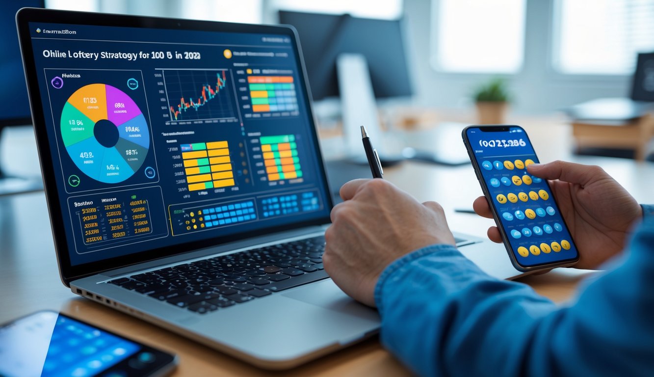 Seseorang sedang menganalisis data statistik togel 4D di depan laptop dengan grafik dan angka di layar dalam ruangan kantor yang terang.