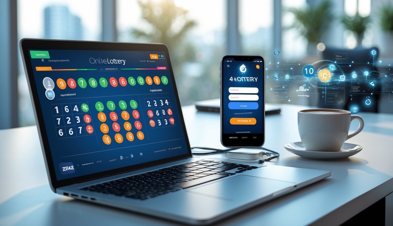 Meja kerja modern dengan laptop dan ponsel yang menampilkan angka lotere dan antarmuka login, dengan suasana kantor yang terang dan nyaman.