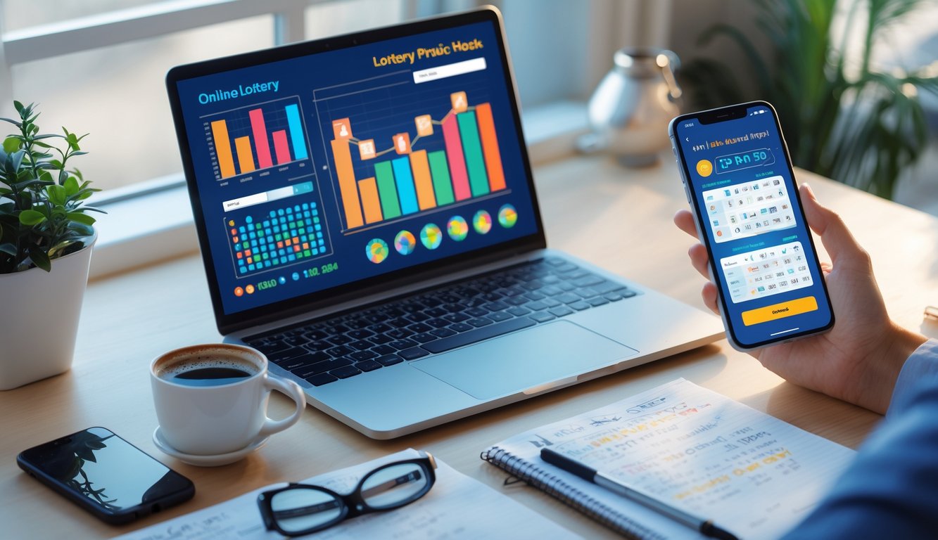 Meja kerja dengan laptop menampilkan grafik data togel, ponsel dengan antarmuka tiket digital, buku catatan dengan perhitungan, dan cangkir kopi.