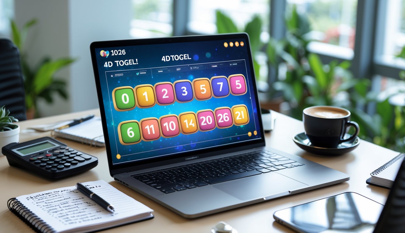 Sebuah meja kerja modern dengan laptop yang menampilkan antarmuka digital nomor togel, buku catatan, ponsel, dan cangkir kopi di ruangan kantor yang terang dan rapi.