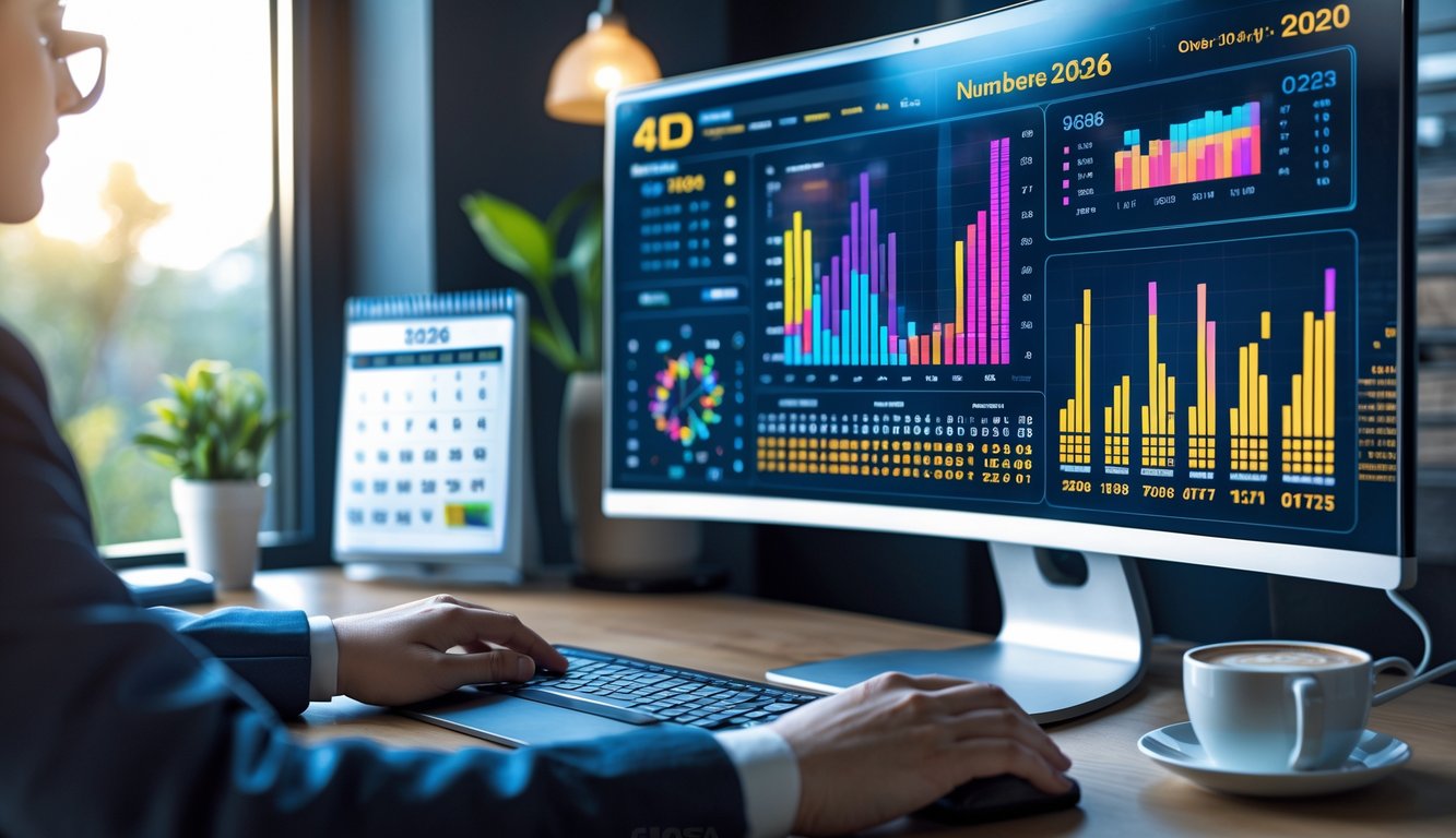 Meja kerja modern dengan komputer menampilkan grafik dan data angka untuk prediksi togel 4D tahun 2026, dengan tangan seseorang sedang menggunakan keyboard dan mouse.