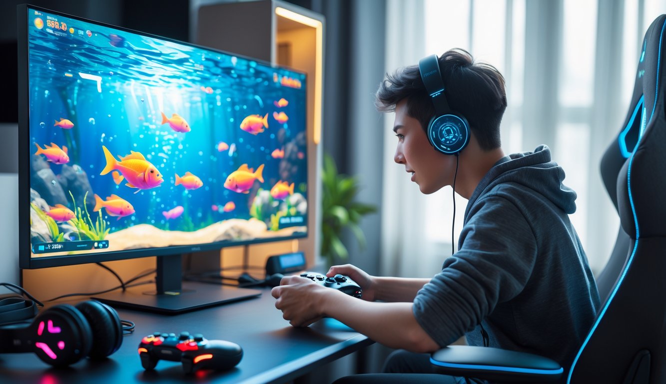 Seorang pemain muda fokus bermain game tembak ikan 3D di layar komputer dengan suasana ruangan yang nyaman dan pencahayaan alami.