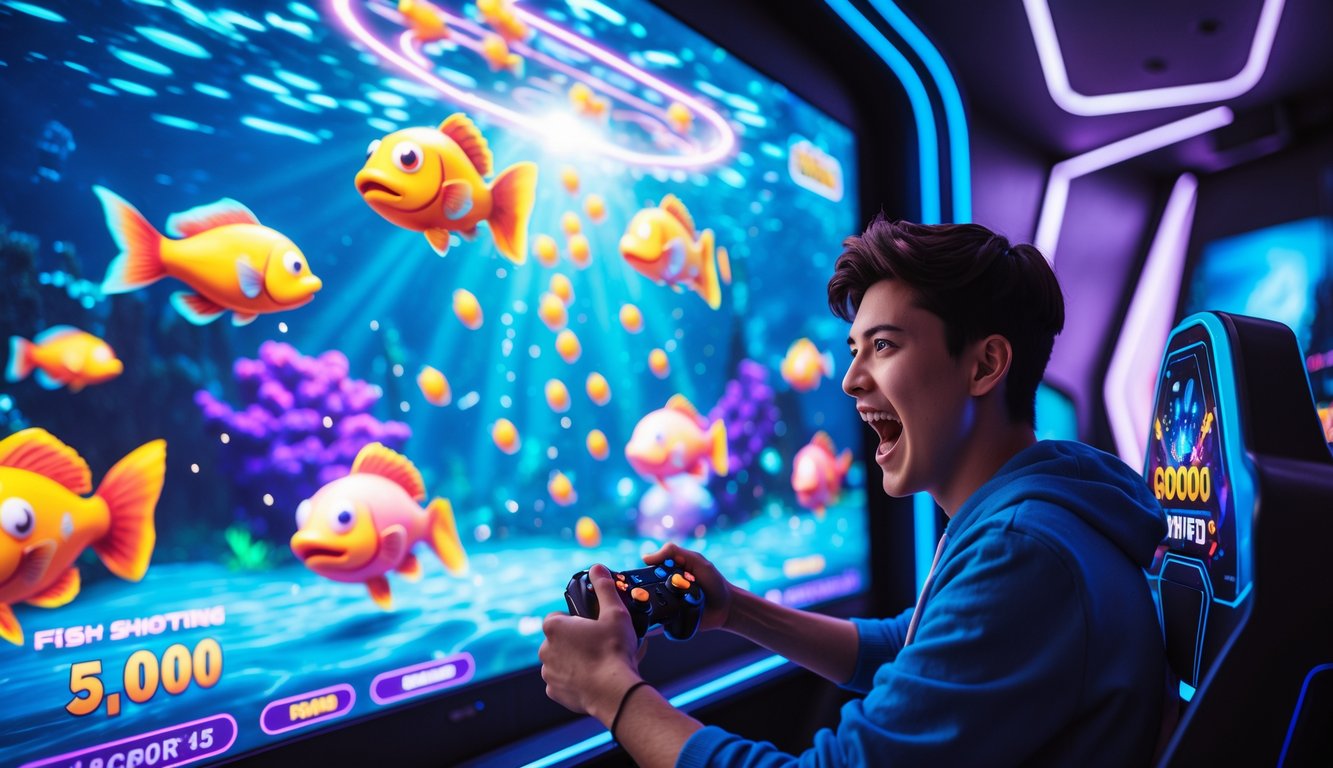 Seorang pemain muda yang antusias bermain game tembak ikan 3D dengan layar besar menampilkan ikan berwarna-warni dan lampu jackpot yang menyala.