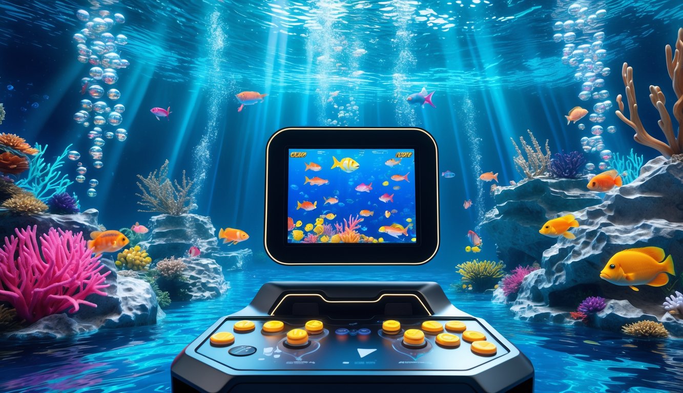Pemandangan bawah laut dengan berbagai ikan berwarna-warni dan mesin permainan modern yang menampilkan permainan menembak ikan.