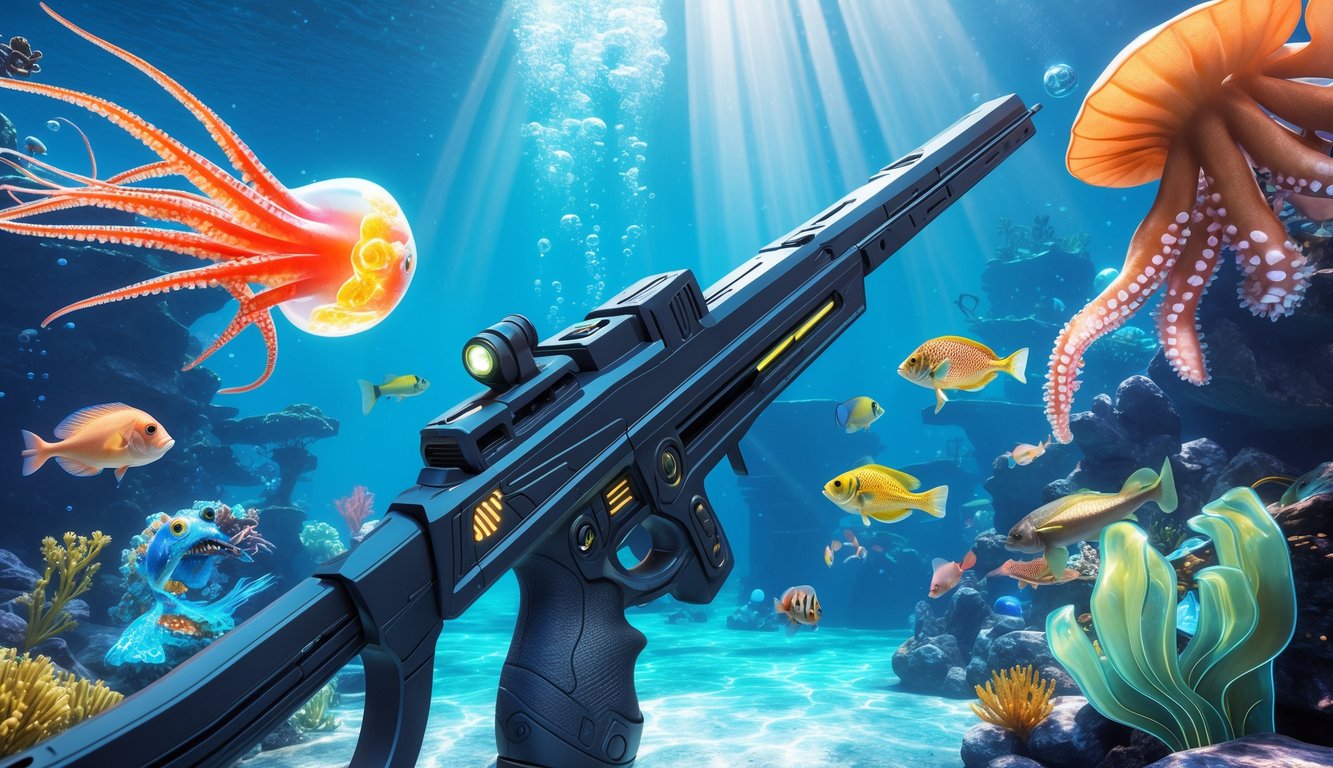 Pemandangan bawah laut dengan senjata futuristik mengarah ke berbagai monster laut berwarna-warni dan ikan eksotis di antara terumbu karang.