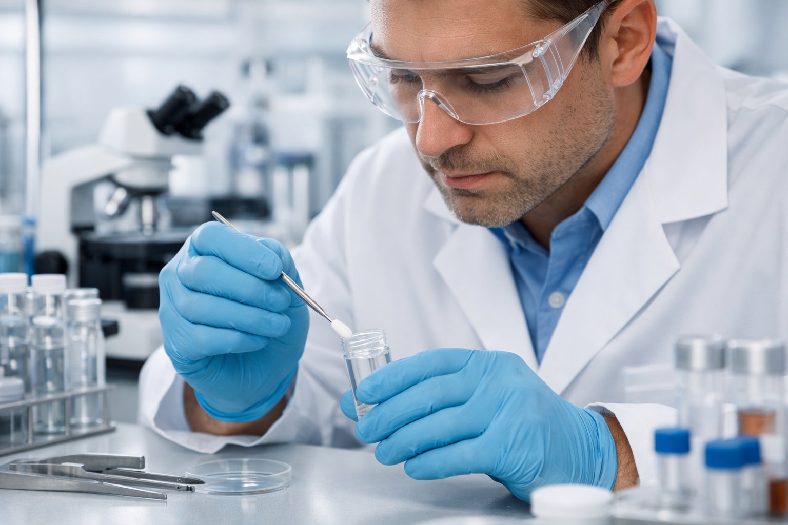 A lab technician in protective gear carefully collecting a sample in a clean laboratory with scientific equipment in the background looking into ISO 17025 sampling requirements