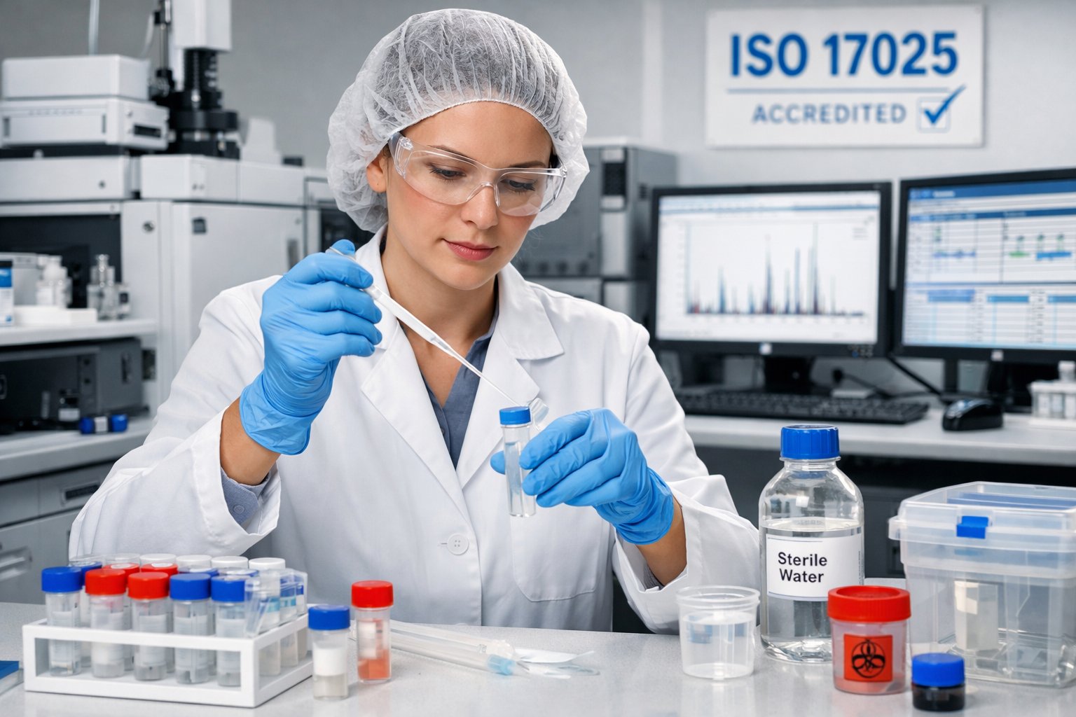 Laboratory technician in a white coat carefully handling sampling equipment in a modern lab with analytical instruments and computers looking at ISO 17025 sampling requirements