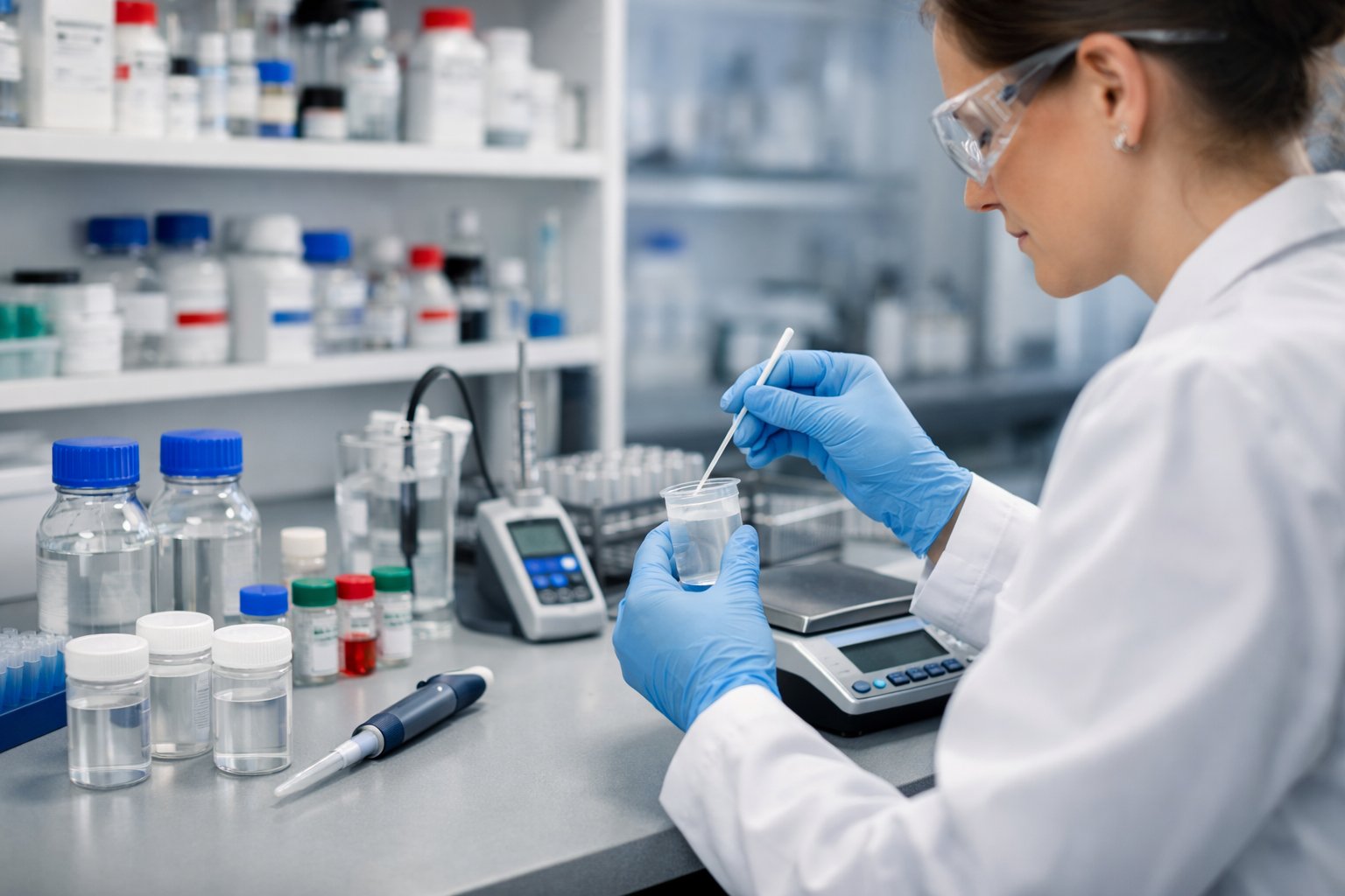 A scientist in a laboratory handling sampling equipment with lab instruments and sample containers on the bench Looking at ISO 17025 sampling requirements