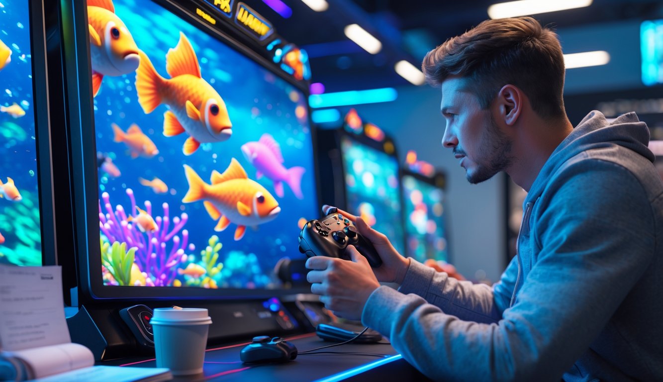 Seorang pemain fokus memainkan permainan tembak ikan 3D di ruangan gaming dengan layar penuh warna dan peralatan modern.