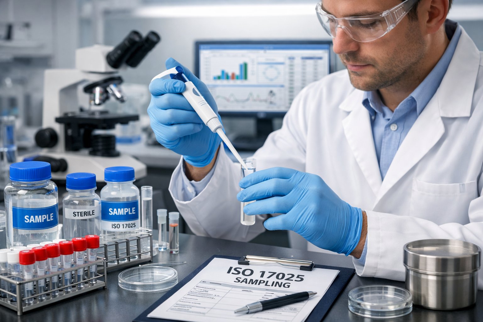 A scientist in a laboratory handling sampling equipment with lab instruments and computers in the background looking at ISO 17025 sampling requirements