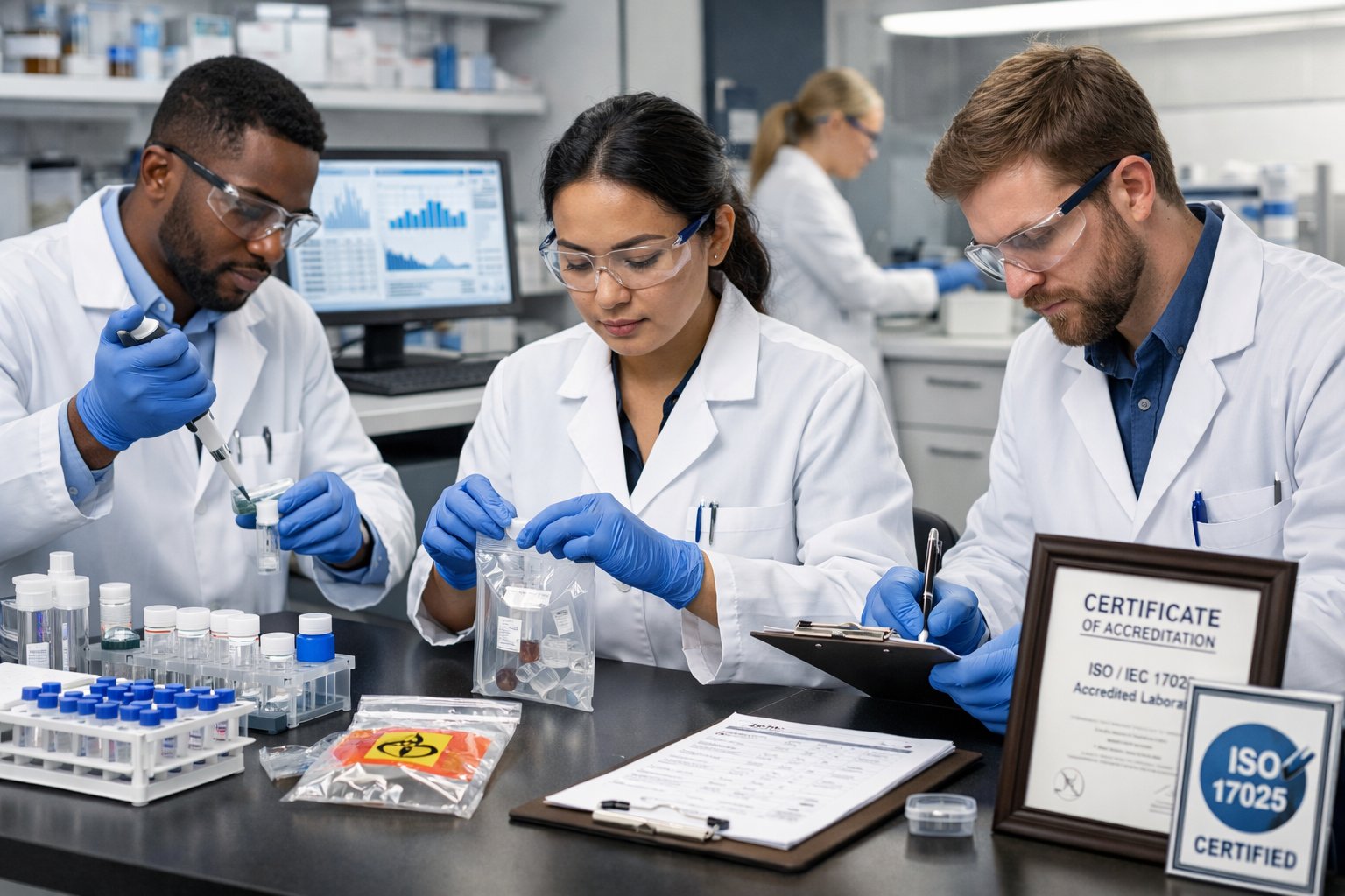 Laboratory technicians in lab coats carefully collecting and documenting samples in a clean laboratory environment looking at ISO 17025 sampling requirements
