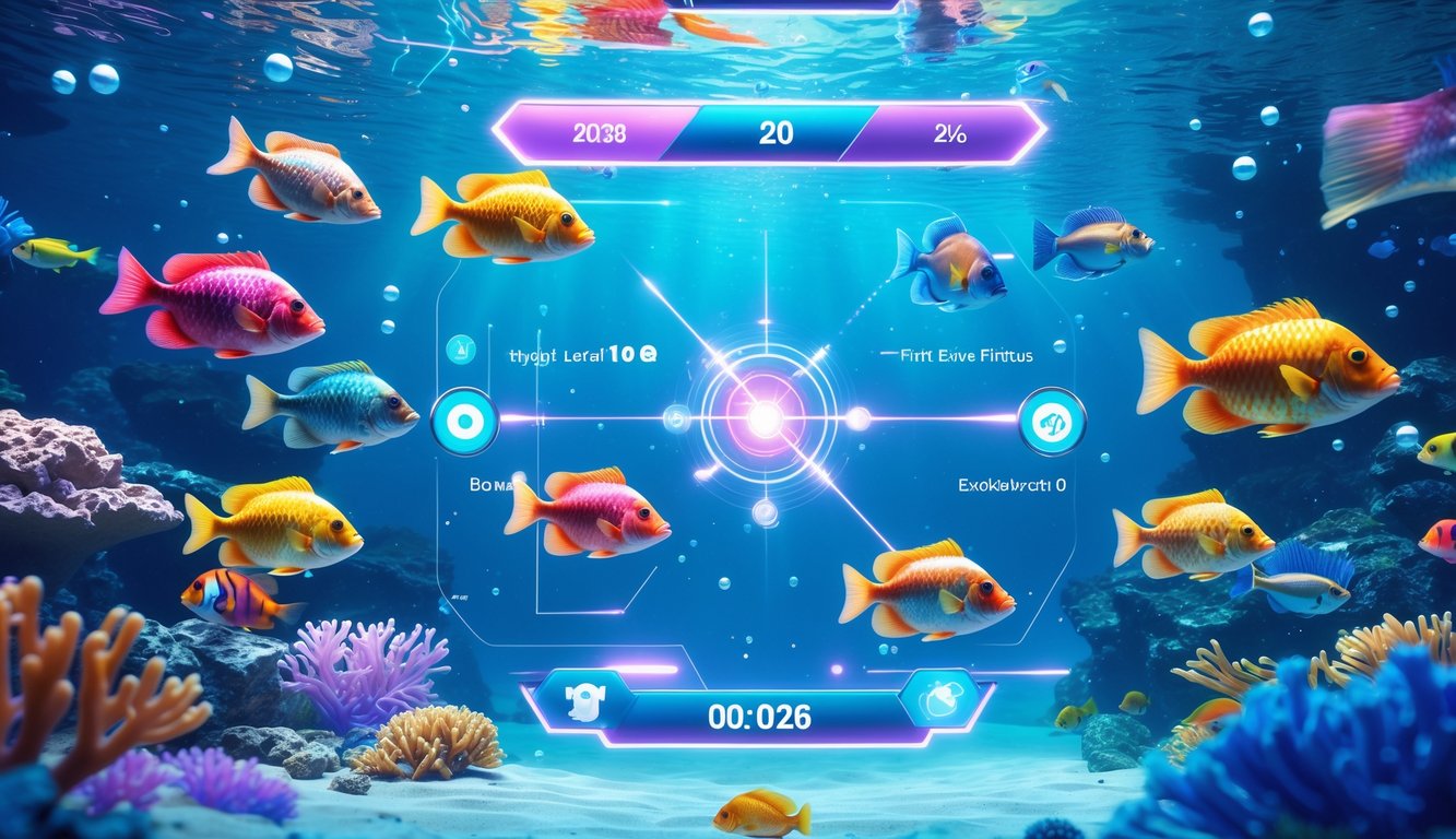 Adegan bawah laut dengan ikan warna-warni berenang di sekitar terumbu karang dan efek cahaya yang menyoroti elemen permainan.