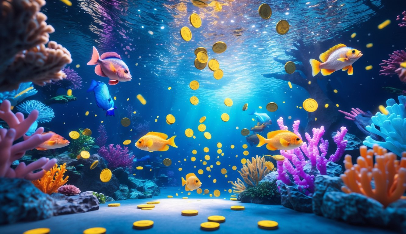 Adegan bawah laut dengan berbagai ikan berwarna-warni dan koin yang sedang terkumpul dengan cepat dalam permainan tembak ikan 3D.